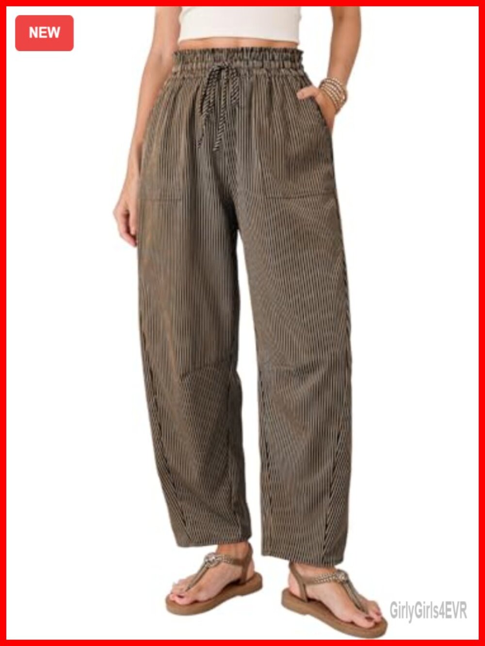 Dokotoo Women's Barrel Striped Wide Leg Casual Pants with Pockets Drawstring